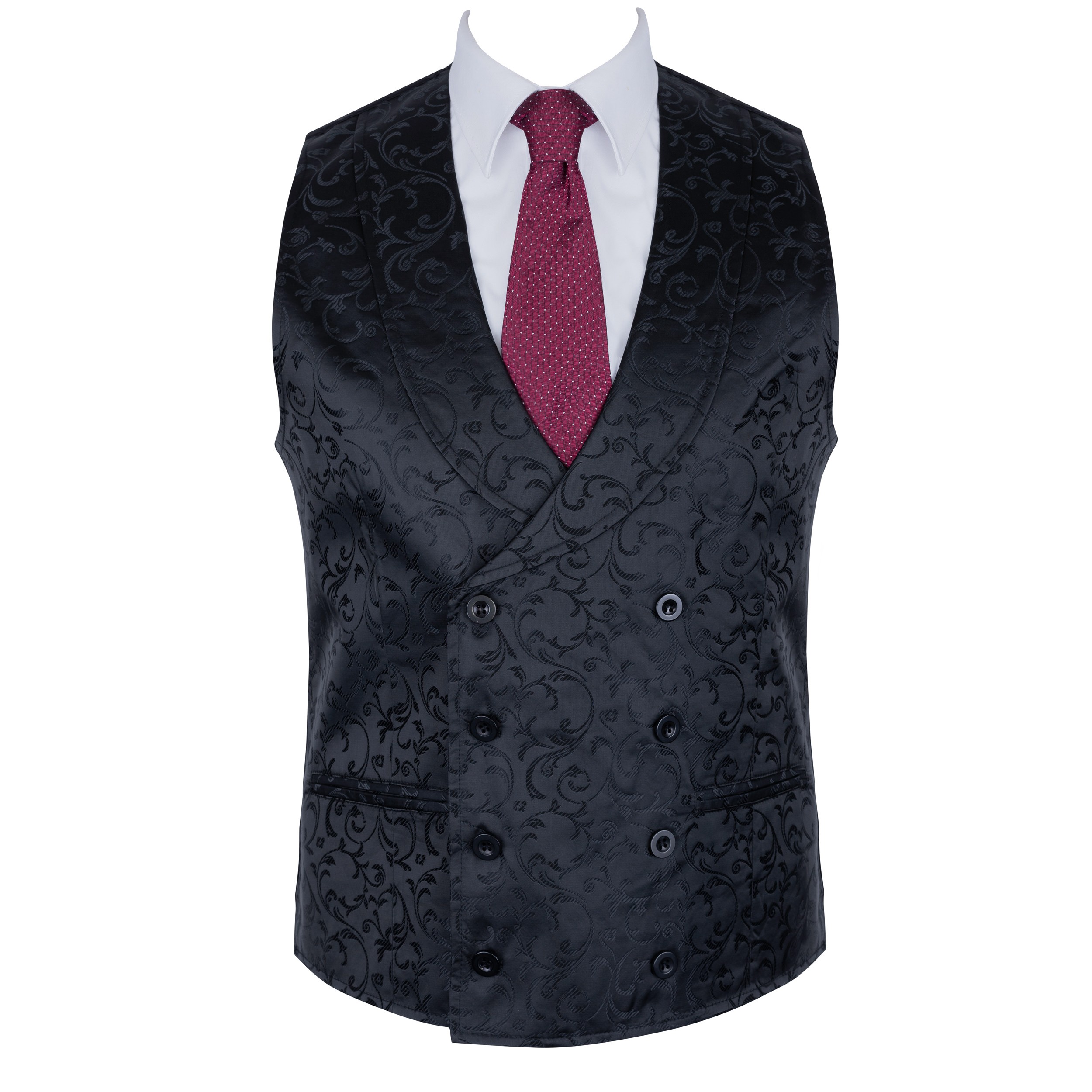 Black Double Breasted Shawl Waistcoat, Swirl Leaf #AB-WWC1000/3 