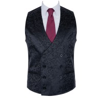 Black Double Breasted Shawl Waistcoat, Swirl Leaf #AB-WWC1000/3 